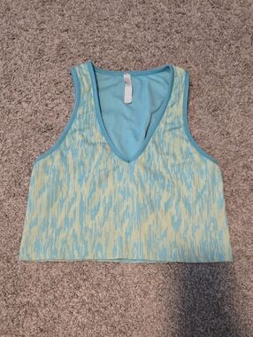 Athleta Aqua & Pale Yellow V-Neck Patterned Reversible Sports Bra